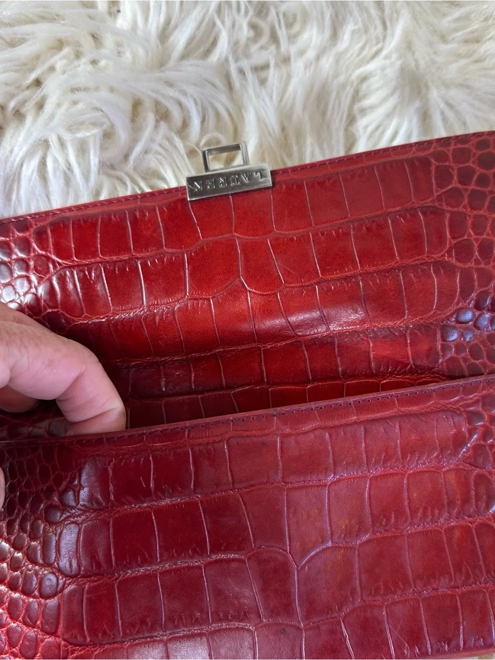 Lauren Ralph Lauren Burgundy Croc-Embossed Wallet with Silver Logo